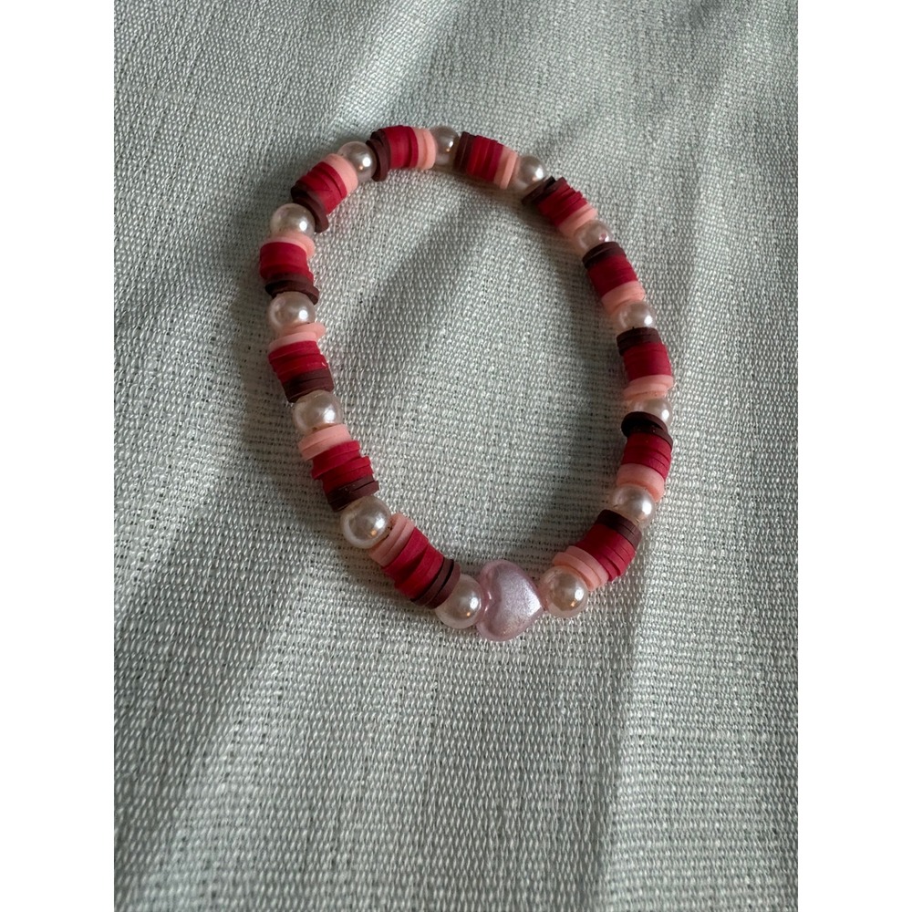 Handmade Pink Red Heishi Bead Heart Charm Stretch Bracelet Faux Pearl Accent